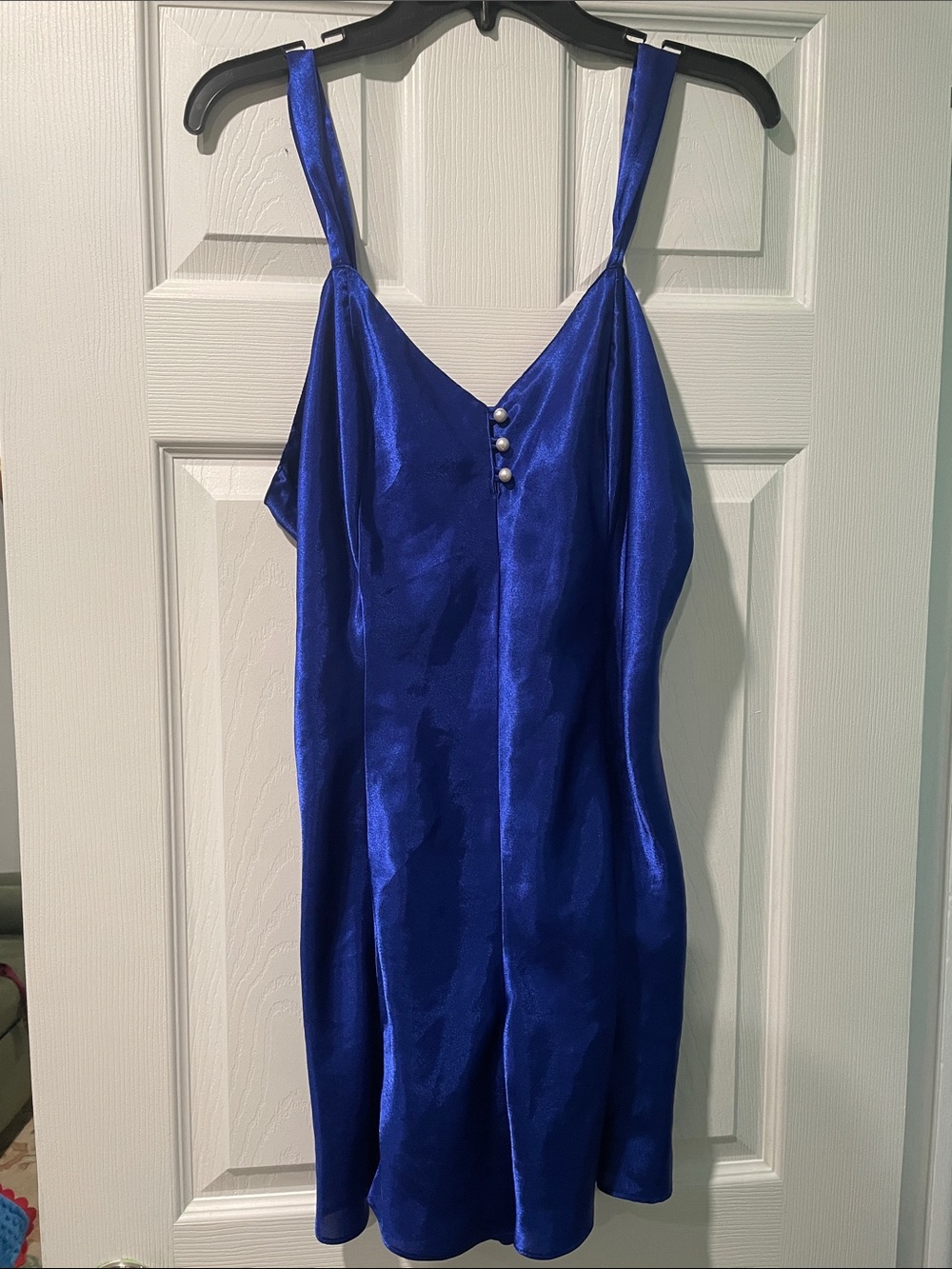 Vintage Cacique Electric Blue Satin romper with pearl buttons